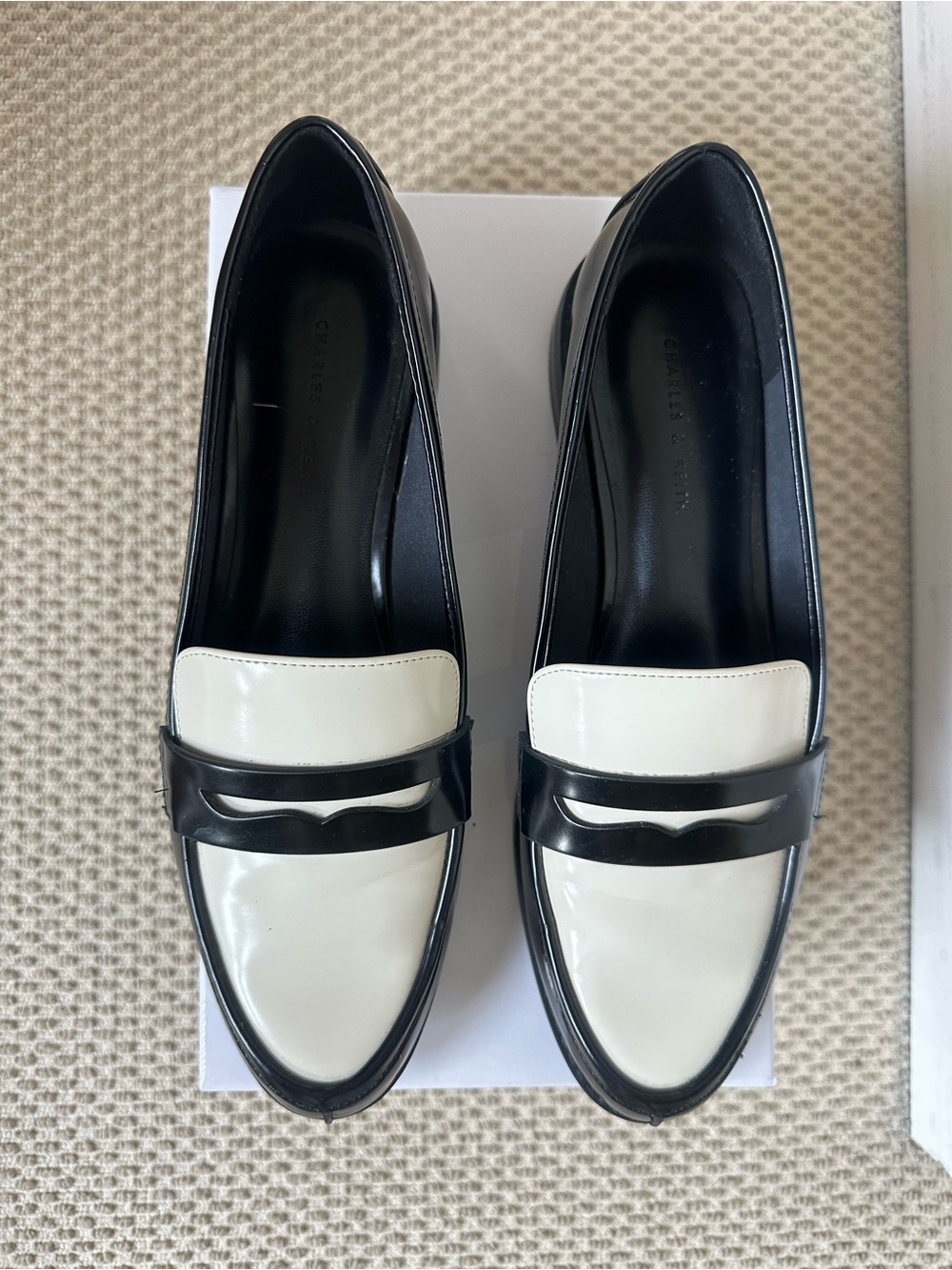 Charles & Keith Black and White Leather Penny Loafers for Women